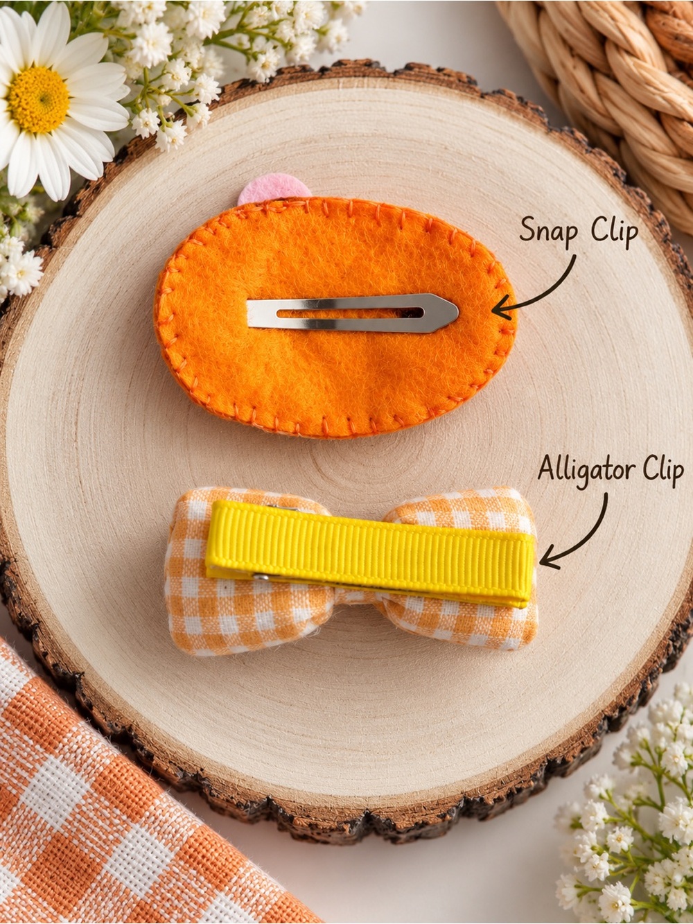 Pineapple Hair Clip Set for Girls Orange Gingham Bow & Felt Pineapple Clip - Picture 7 of 7